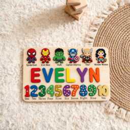 Personalized Superheroes Wooden Name Puzzle, Custom Baby Gifts Puzzle With Numbers, Avengers Nursery Decor, First Birthday Gift - thumbnail 3