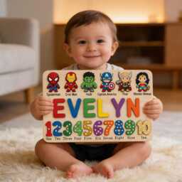 Personalized Superheroes Wooden Name Puzzle, Custom Baby Gifts Puzzle With Numbers, Avengers Nursery Decor, First Birthday Gift