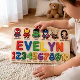 Personalized Superheroes Wooden Name Puzzle, Custom Baby Gifts Puzzle With Numbers, Avengers Nursery Decor, First Birthday Gift - thumbnail 2