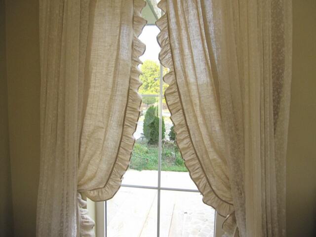 Curtain Panels -French Country Beach Cottage Chic Rod Pocket Ruffled Rustic Pair Duck Linen Fabric Turkey Turkish Nurdanceyiz - image 1