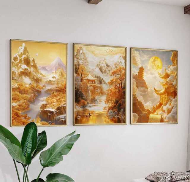 Gold Chinese Landscape Art Prints, Mountain & Temple Wall Art, Moonlit River Home Decor - image 1