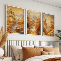 Gold Chinese Landscape Art Prints, Mountain & Temple Wall Art, Moonlit River Home Decor - thumbnail 2