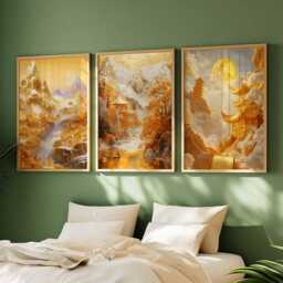 Gold Chinese Landscape Art Prints, Mountain & Temple Wall Art, Moonlit River Home Decor - thumbnail 3
