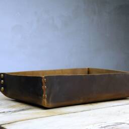 Vintage Brown Distressed Mens Leather Valet Tray , Rustic Dresser Organizer Full Grain Catchall Change Coin Box Lt05Cf - thumbnail 2