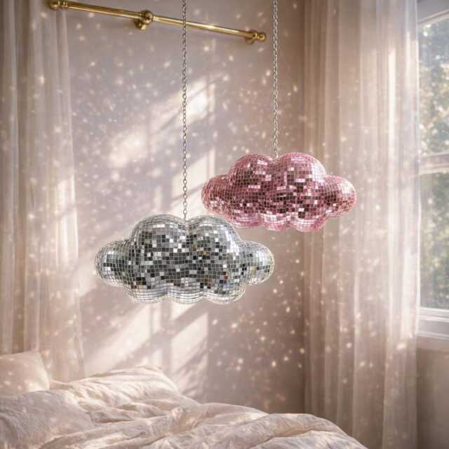 Mirror Mosaic Cloud Ornament - Hanging Wall Decor Sparkle Disco Accent Silver Pink Decoration Statement Gift - image 1