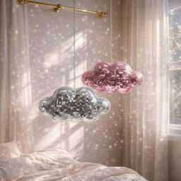 Mirror Mosaic Cloud Ornament - Hanging Wall Decor Sparkle Disco Accent Silver Pink Decoration Statement Gift - thumbnail 1