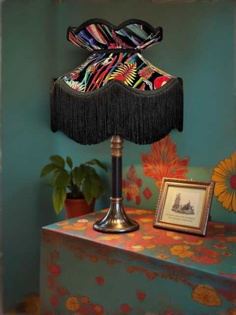 Handmade Black Botanical Velvet Lampshade With Fringe - image 1