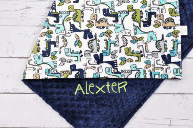 Personalized Dinosaur Baby Blanket-Dinosaur Minky Nursery-Minky Blanket-Dino Blanket-Navy Blue & Lime - image 1
