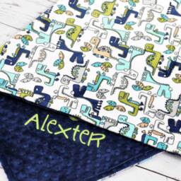 Personalized Dinosaur Baby Blanket-Dinosaur Minky Nursery-Minky Blanket-Dino Blanket-Navy Blue & Lime - thumbnail 2