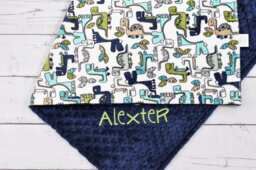 Personalized Dinosaur Baby Blanket-Dinosaur Minky Nursery-Minky Blanket-Dino Blanket-Navy Blue & Lime