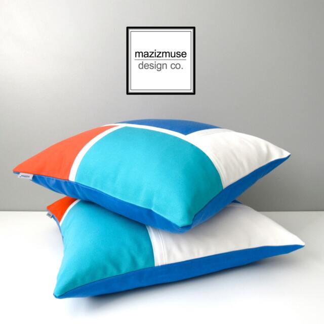 Two Colorful Sunbrella?? Outdoor Pillow Covers in Modern Color Block, Melon, Aruba & Capri Blue Cushions For Pool/Patio Mazizmuse - image 1