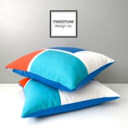 Two Colorful Sunbrella?? Outdoor Pillow Covers in Modern Color Block, Melon, Aruba & Capri Blue Cushions For Pool/Patio Mazizmuse - thumbnail 1