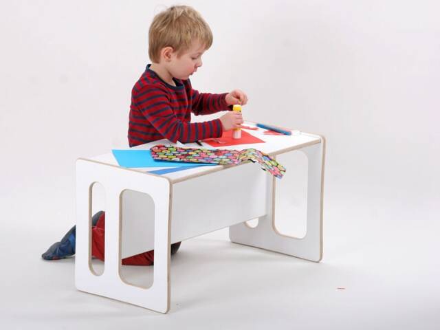 Tim Play Table in White Lacquer, For The Modern Children's Room, Toddler, Can Also Be Used As A Bench. Two Seat Heights - image 1