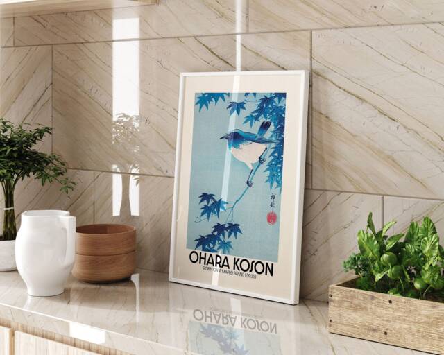 Japanese Bird Wall Art Print Blue Robin Maple Branch Vintage Nature Poster Framed Unframed A3 A4 Home Decor Gift - image 1