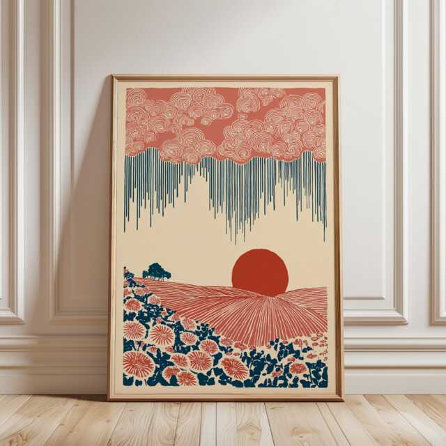 Japanese Sun & Rain Poster Landscape Wall Art Red Nature Illustration Minimal Zen Interior Decor Living Room - image 1