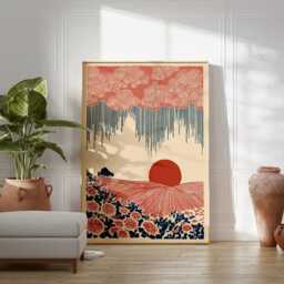 Japanese Sun & Rain Poster Landscape Wall Art Red Nature Illustration Minimal Zen Interior Decor Living Room - thumbnail 3