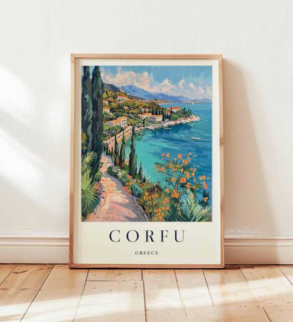 Corfu Greece Travel Poster Ionian Island Beach Art - image 1