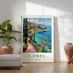 Corfu Greece Travel Poster Ionian Island Beach Art - thumbnail 2