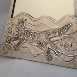 Hand Tooled Pewter Cat Mirror Whimsical Hanging Wall Art - thumbnail 4