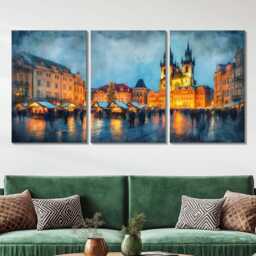 Prague Old Town 3 Panel Split Canvas Wall Art Christmas Market Lights Winter Czech Cityscape Oil Painting Framed Home Decor - thumbnail 2