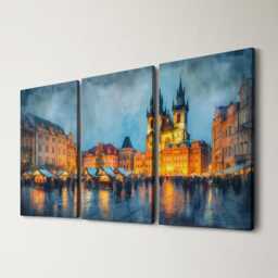 Prague Old Town 3 Panel Split Canvas Wall Art Christmas Market Lights Winter Czech Cityscape Oil Painting Framed Home Decor