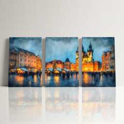 Prague Old Town 3 Panel Split Canvas Wall Art Christmas Market Lights Winter Czech Cityscape Oil Painting Framed Home Decor - thumbnail 3