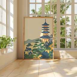 Japanese Pagoda Poster, Temple Landscape Print, Asian Wall Art - thumbnail 4