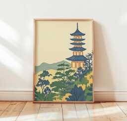 Japanese Pagoda Poster, Temple Landscape Print, Asian Wall Art - thumbnail 1
