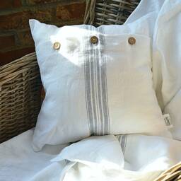 White Linen Throw Pillow Cover - Heavyweight With Coconut Buttons, Grayish Blue Stripe - thumbnail 2