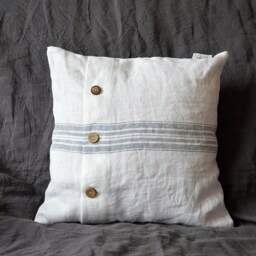 White Linen Throw Pillow Cover - Heavyweight With Coconut Buttons, Grayish Blue Stripe - thumbnail 4