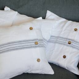 White Linen Throw Pillow Cover - Heavyweight With Coconut Buttons, Grayish Blue Stripe - thumbnail 3
