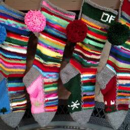 Hand Knit Christmas Stocking Gray Green Rag Rainbow Sport Stripe Detail By Santa's Works - thumbnail 4