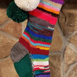 Hand Knit Christmas Stocking Gray Green Rag Rainbow Sport Stripe Detail By Santa's Works - thumbnail 2