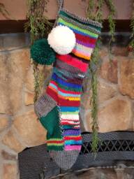 Hand Knit Christmas Stocking Gray Green Rag Rainbow Sport Stripe Detail By Santa's Works
