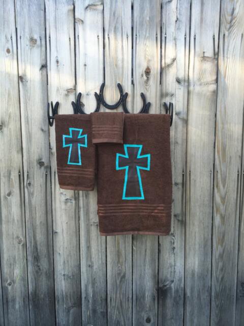 Towel Set - Bathroom Decor Gift For Her Roommate Country Towels Cross Him House Warming Brown - image 1