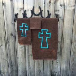 Towel Set - Bathroom Decor Gift For Her Roommate Country Towels Cross Him House Warming Brown - thumbnail 2