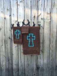 Towel Set - Bathroom Decor Gift For Her Roommate Country Towels Cross Him House Warming Brown - thumbnail 1