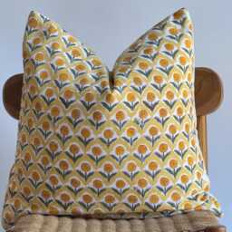Block Print Pillow Cover Floral Batik, Boho Farmhouse Decor - thumbnail 2