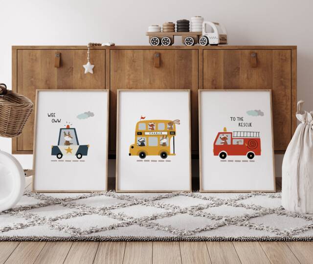 Set Of 3 Transport Nursery Prints, Personalised Print, Vehicle Police Bus Fire, Play Room Poster, Boys Room, Children's Bedroom - image 1