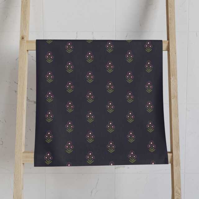 Hand Towel, Boho Floral Block Print, Navy Sage Burgundy, Flowers Kitchen Bohemian Bathroom Tea Dish Towel - image 1