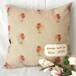 Robin Square Cushion, Handmade Cotton Linen Look Scatter Cushion. Robins Appear When Loved Ones Are Near - thumbnail 4