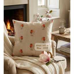 Robin Square Cushion, Handmade Cotton Linen Look Scatter Cushion. Robins Appear When Loved Ones Are Near