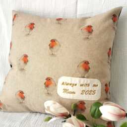 Robin Square Cushion, Handmade Cotton Linen Look Scatter Cushion. Robins Appear When Loved Ones Are Near - thumbnail 3