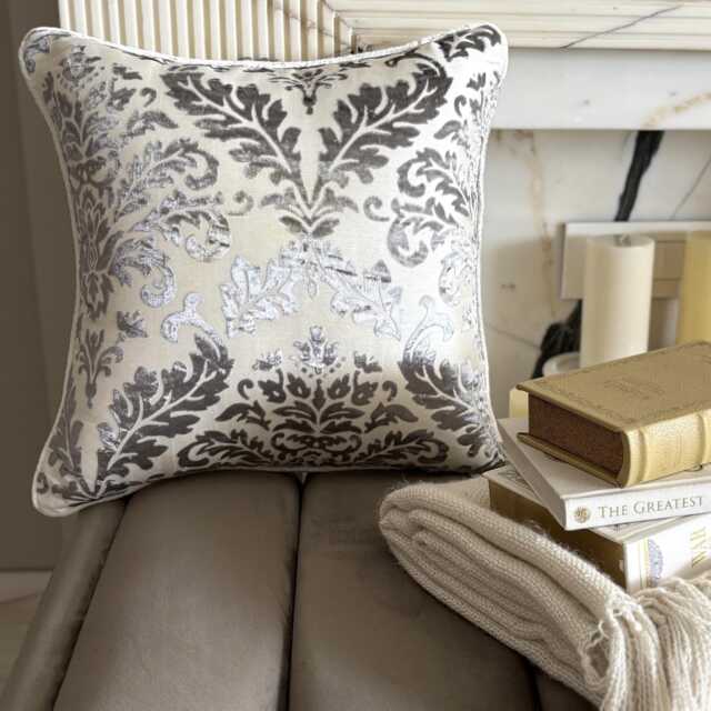 Paloma Gray Burnout Velvet, Damask Pattern, Contemporary Throw Pillow Cover/Euro Sham - Grey - image 1