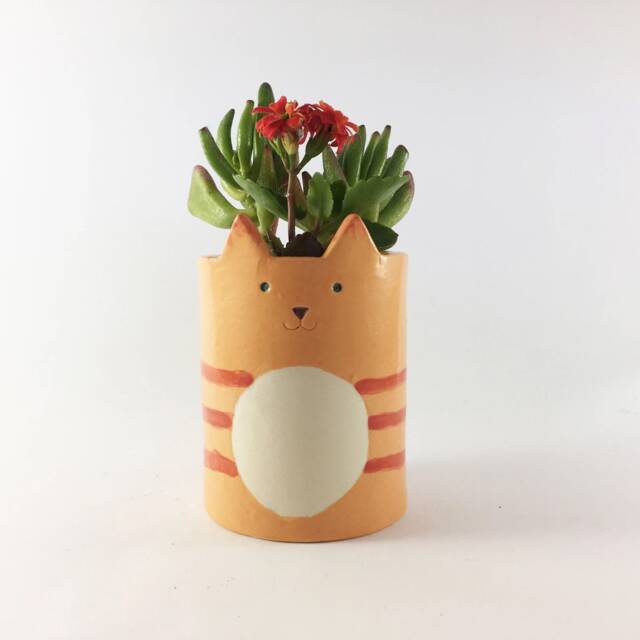 Handmade Ginger Tabby Cat Planter, Ceramic Pot