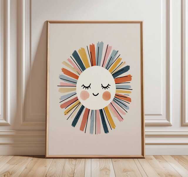 Smiling Sun Poster - Cute Nursery Wall Art, Colorful Sunshine Print For Kids Room, Playroom Or Baby Decor, Happy Boho Artwork