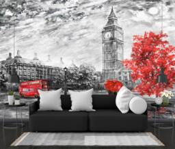London Street View Oil Painting Wallpaper, Big Ben Wall Mural - Peel & Stick - thumbnail 1