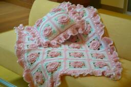Crochet Rose Baby Girl Blanket With Pillow Pink Floral Afghan