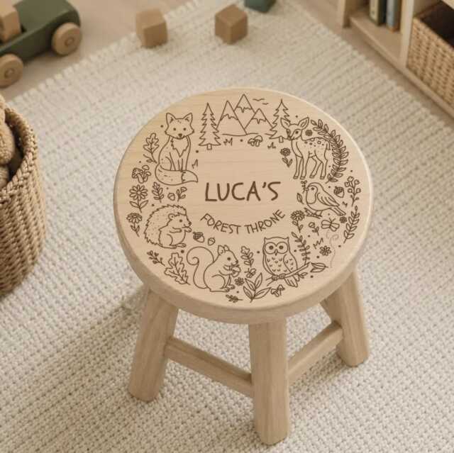 Personalised Wooden Stool - Childs Nursery Decor- Woodland Creatures - image 1