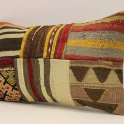 Turkish Kilim Pillow Cover Vintage Wool Patchwork Lumbar, 12x20 - thumbnail 3